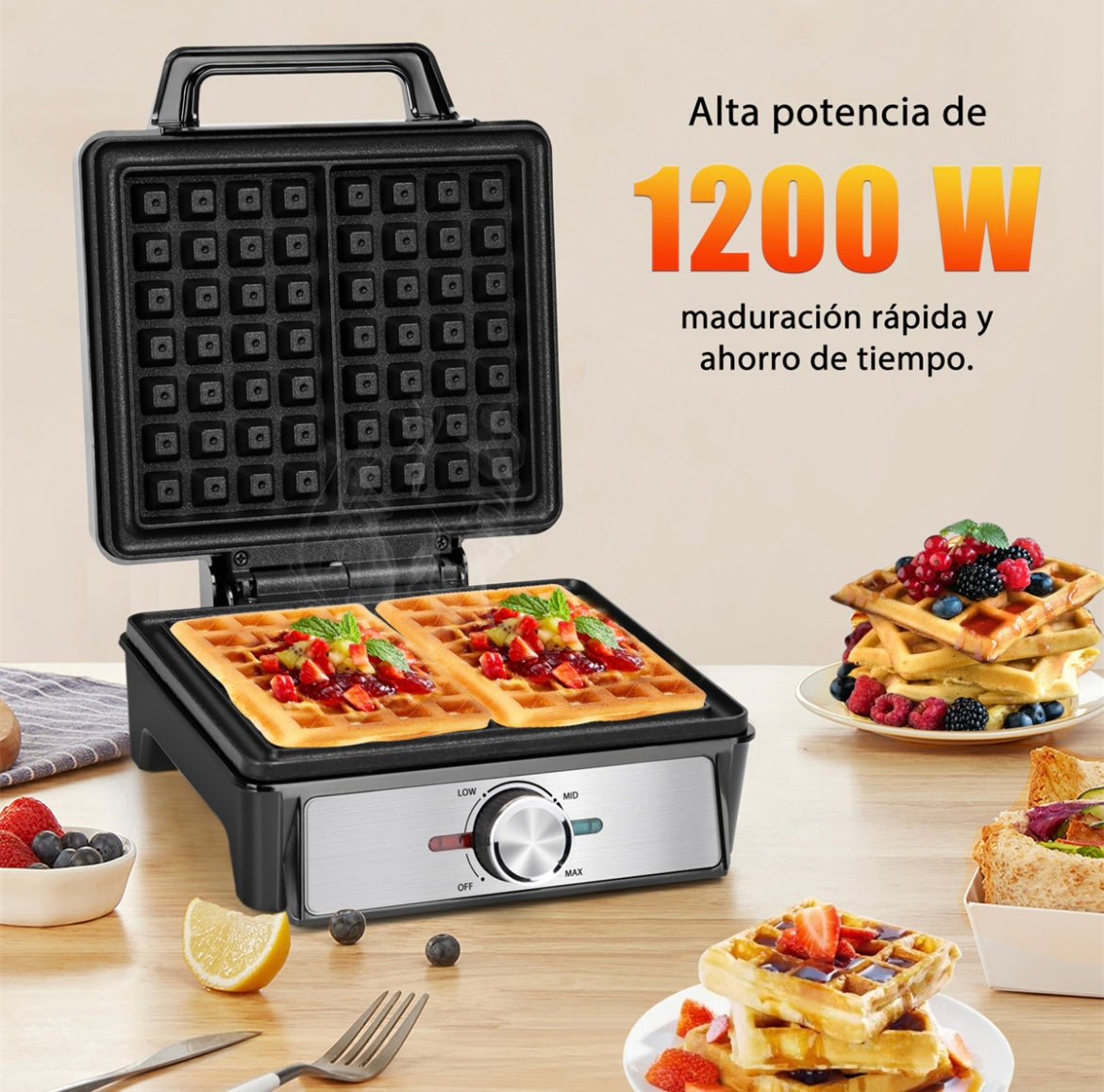 Waflera Eléctrica Antiadherente 4 Rebanadas Hacer Desayunos Color Negro ( 3 disponibles)